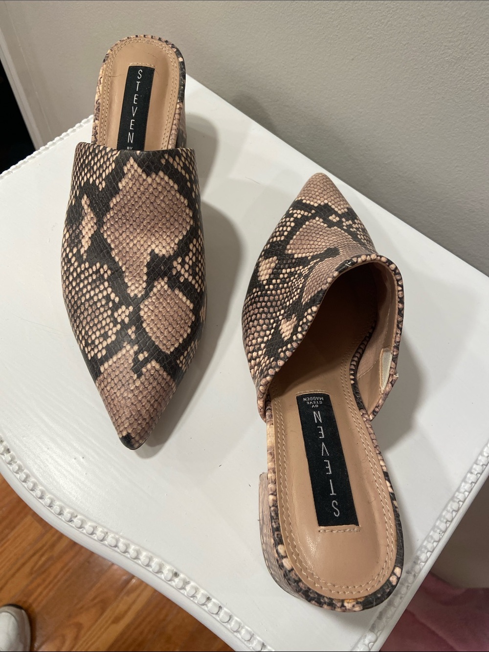 Steve Madden Pointed Toe Snake-Print Mules in Tan & Black